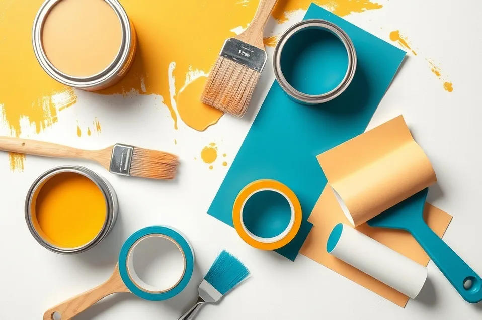 Pots de peinture, nuancier, brosses et rouleaux disposés à plat
