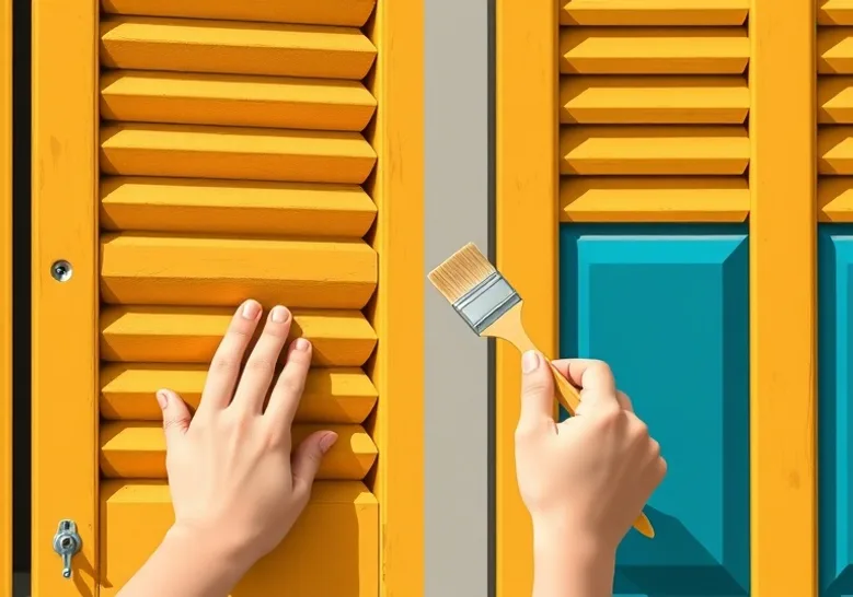 Mise en peinture au pinceau de volets et d'encadrements en bois