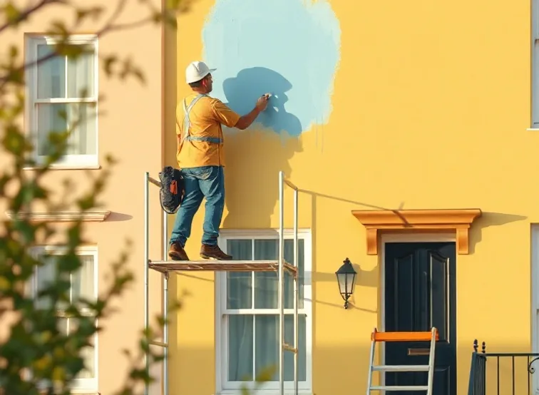 Peintre sur échafaudage traitant la façade d'une maison