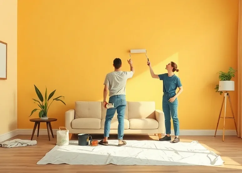 Peintre appliquant la peinture au rouleau sur un mur de salon